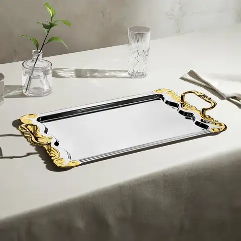 Babil Altın Sade Çelik Çay Tepsi