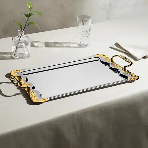 Babil Altın Saten Çelik Çay Tepsi