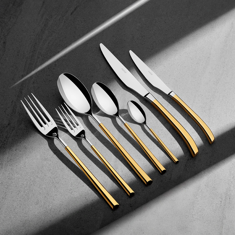 Elegance Altın Sade 12 Kişilik 84 Parça Kutulu Çatal Kaşık Bıçak Takımı