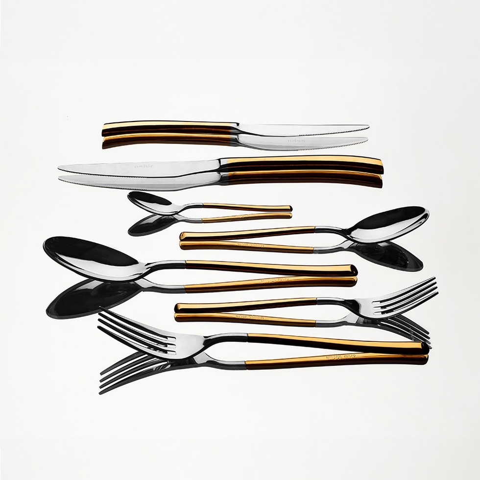 Elegance Altın Sade 12 Kişilik 84 Parça Deri Kutulu Çatal Kaşık Bıçak Takımı