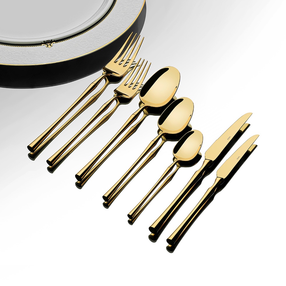 Marbella Full Altın 12 Kişilik 84 Parça Kutulu Çatal Kaşık Bıçak Takımı