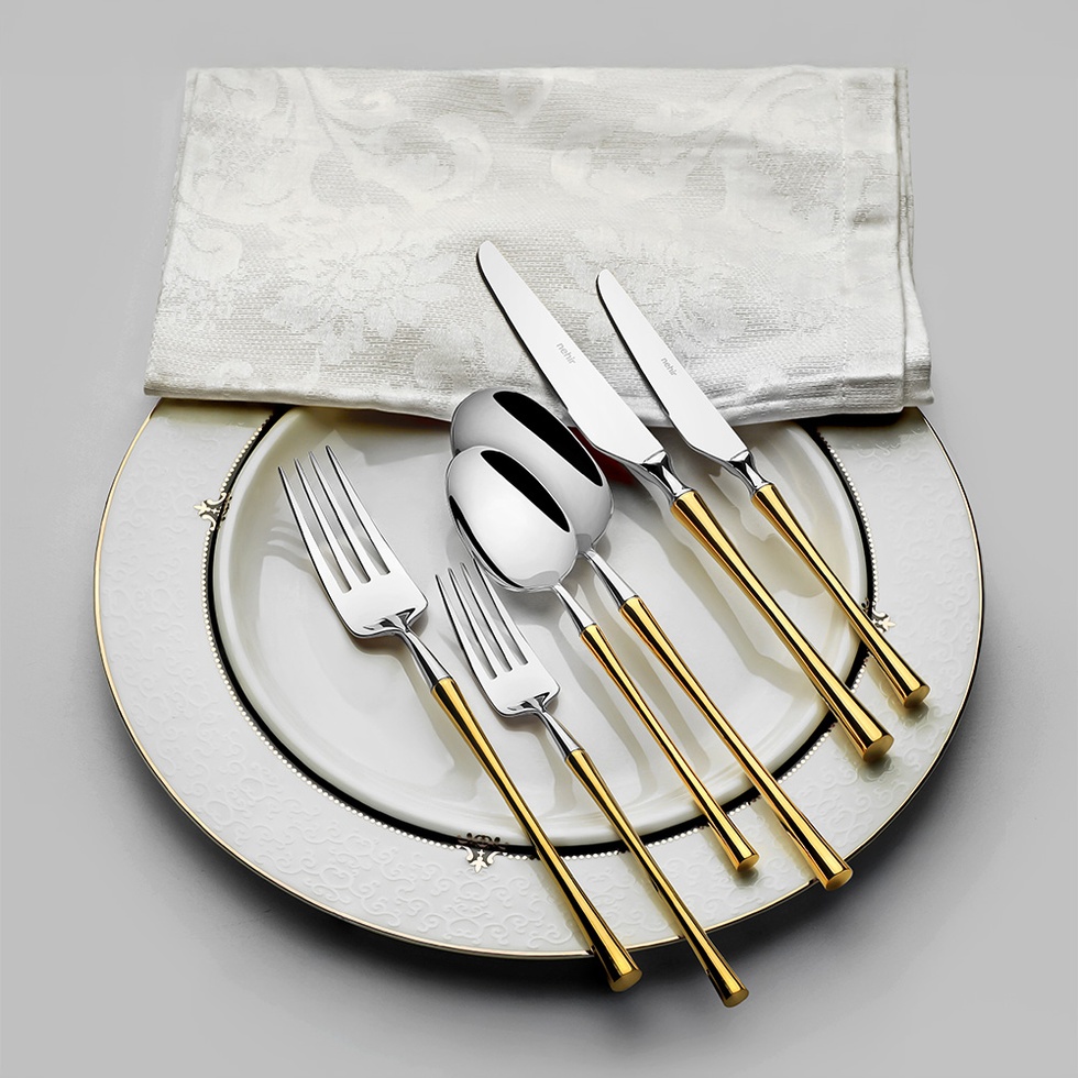 Marbella Altın Sade 12 Kişilik 84 Parça Deri Kutulu Çatal Kaşık Bıçak Takımı