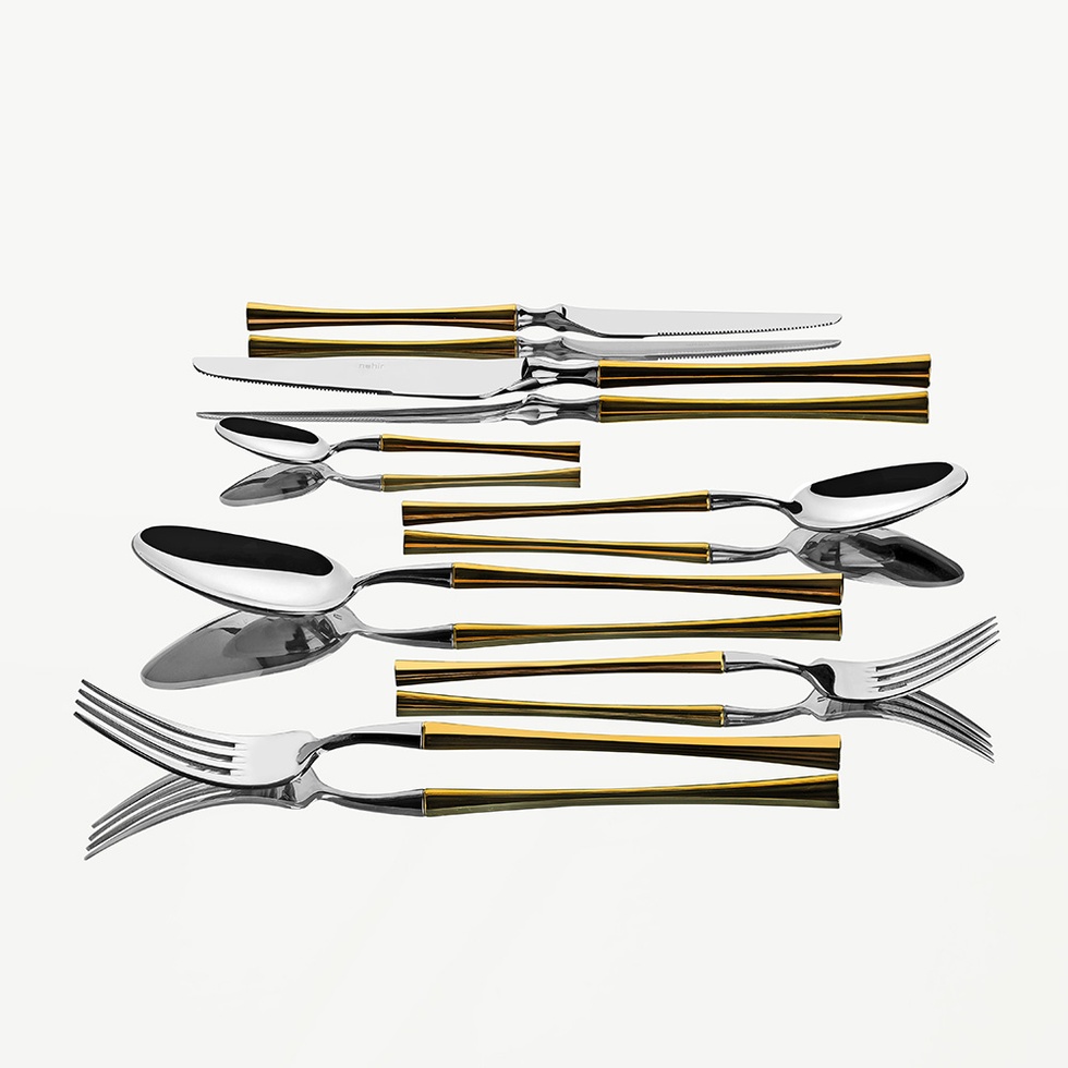 Marbella Altın Sade 12 Kişilik 84 Parça Deri Kutulu Çatal Kaşık Bıçak Takımı