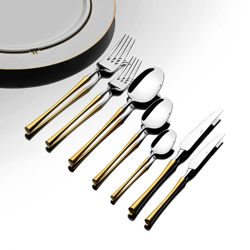 Marbella Altın Sade 12 Kişilik 84 Parça Deri Kutulu Çatal Kaşık Bıçak Takımı