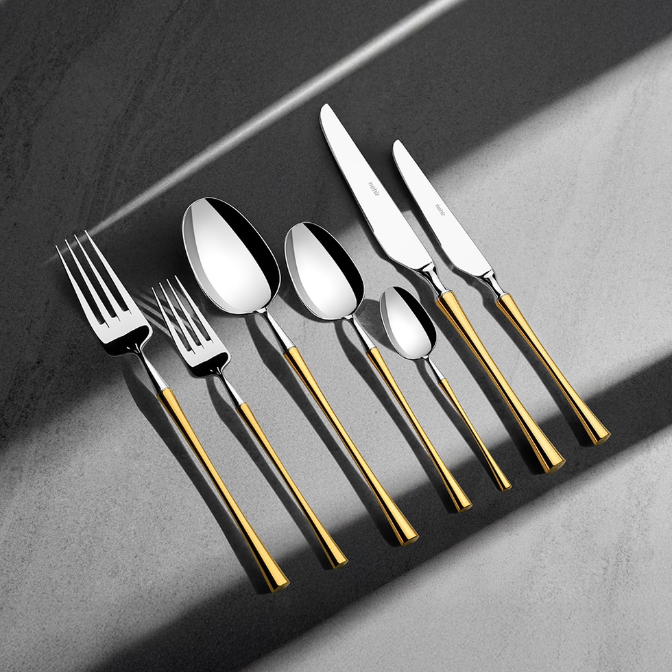 Marbella Altın Sade 12 Kişilik 84 Parça Deri Kutulu Çatal Kaşık Bıçak Takımı