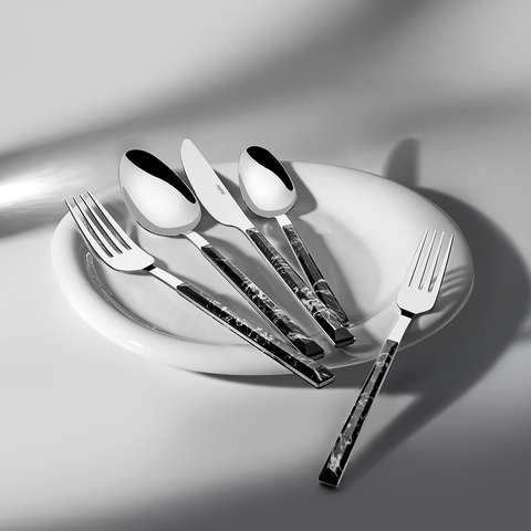 Tulip Siyah 6 Kişilik Mermer Desenli 30 Parça Çatal Kaşık Bıçak Takımı