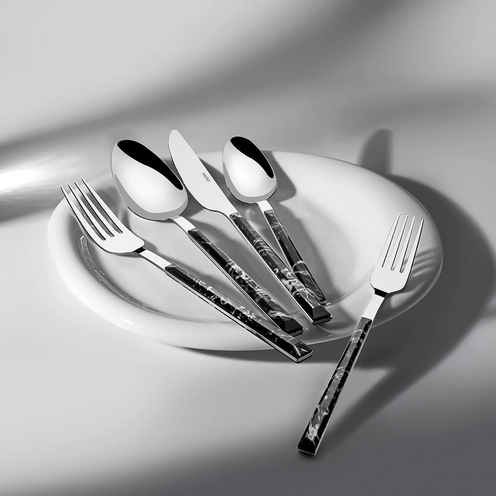 Tulip Siyah 6 Kişilik Mermer Desenli 30 Parça Çatal Kaşık Bıçak Takımı