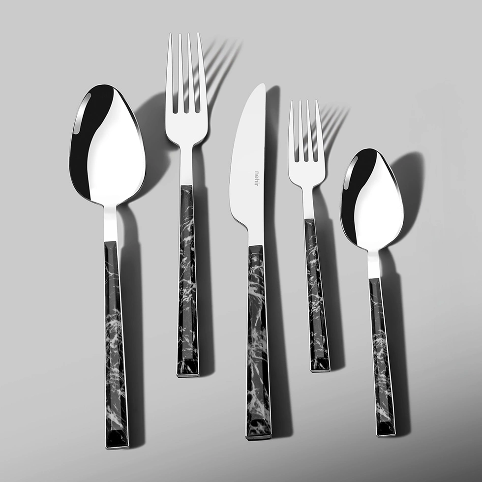 Tulip Siyah 6 Kişilik Mermer Desenli 30 Parça Çatal Kaşık Bıçak Takımı