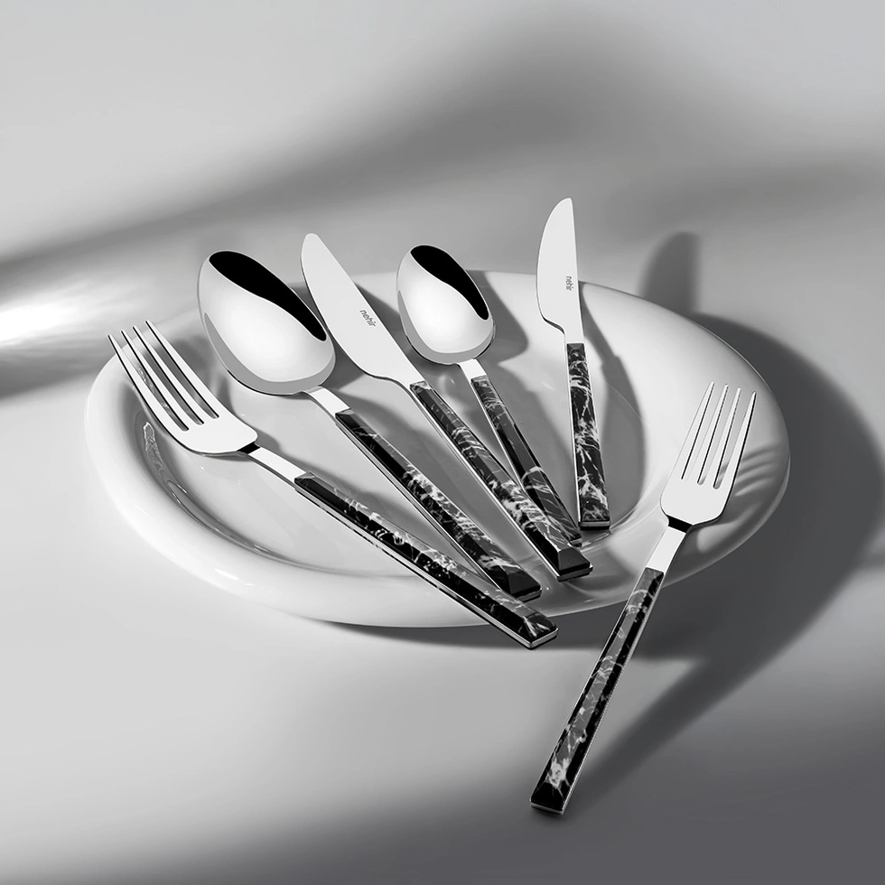 Tulip Siyah 6 Kişilik Mermer Desenli 36 Parça Çatal Kaşık Bıçak Takımı